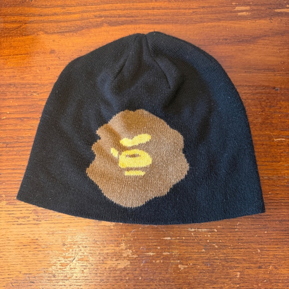 A Bathing Ape BAPE Ape Head Logo Knit Beanie Hat Black Mens